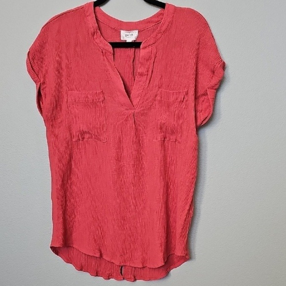 Perch Blu Pepper Casual Crinkle Gauze Coral Button Back Blouse Top Large - Picture 2 of 8